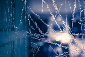A frozen Window with ice crystals in a silent winter night