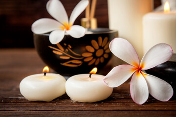 Fototapeta na wymiar Thai spa massage. Spa treatment cosmetic beauty. Therapy aromatherapy for care body people with candles for relax wellness. Aroma and salt scrub setting ready healthy lifestyle.