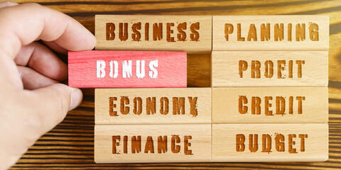 Obraz premium From a set of wooden blocks with financial inscriptions, a hand takes out a red block with the inscription - BONUS