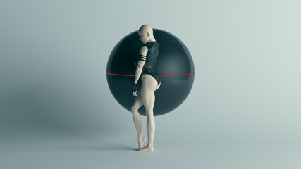 Futuristic Female Character in Black with Alien Geo Sphere AI Super Computer Droid 3d illustration render