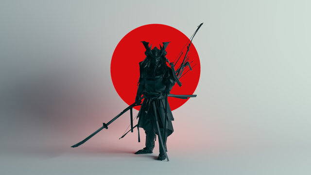 Black Samurai Polygon Form with Large Red Sphere Circle with White Background 3d illustration 3d render	
