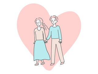 Young couple and heart, vector illustration
