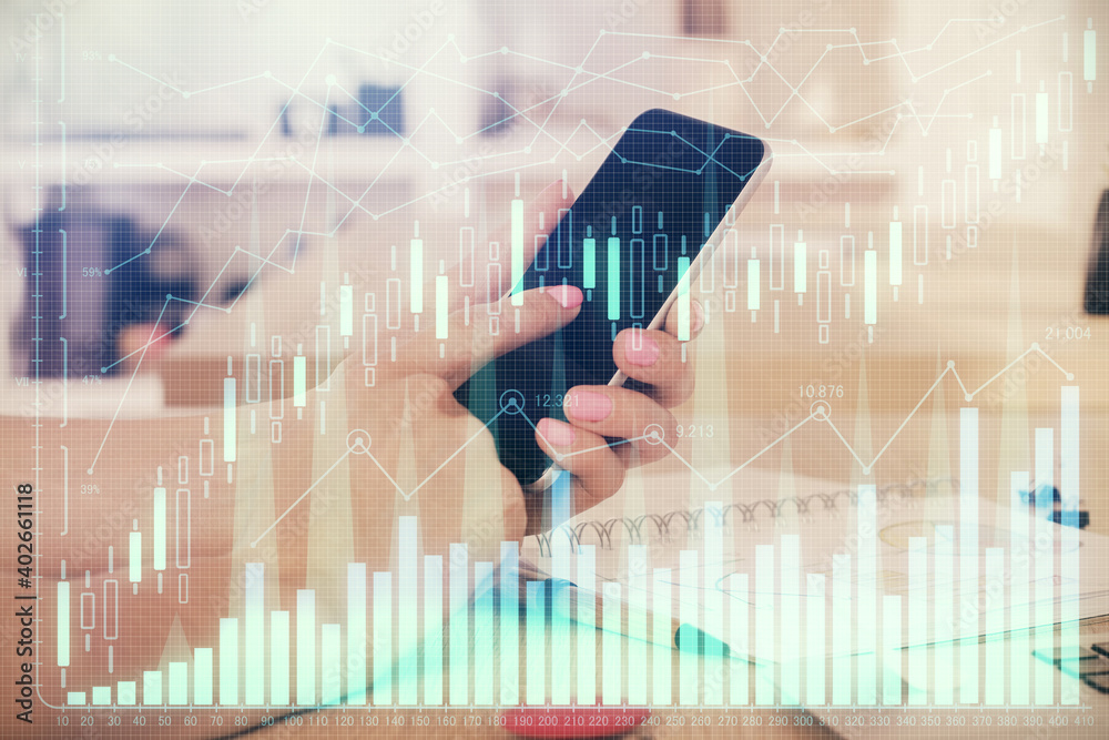 Poster Double exposure of man's hands holding and using a digital device and forex graph drawing. Financial market concept.