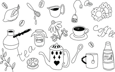 Coffee-tea big set. Vector doodle illustration. Here lemon, coffee beans, coffee pot, honey jar, honey spoon, milk jug, teapot, tea bag, crackers, echinacea flowers, cup of coffee, mug of tea teaspoon