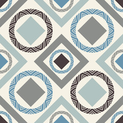 Mosaic with geometric shapes. Seamless pattern. Design with manual hatching. Textile. Ethnic boho ornament. Vector illustration for web design or print.