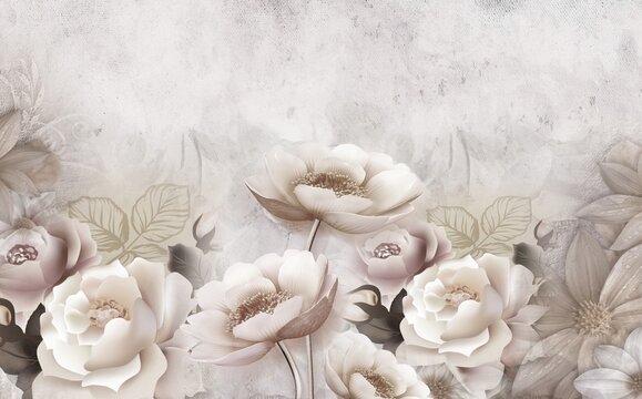 3d mural wallpaper with simple floral background . modern flowers in simple wall