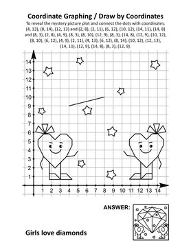 Coordinate graphing, or draw by coordinates, math worksheet with St Valentine's Day mystery picture "Girls love diamonds": To reveal the mystery picture plot and connect the dots with given coordinate