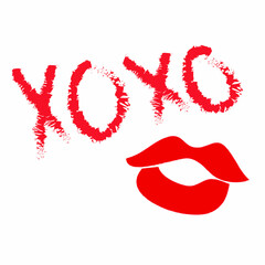 Red lips and XOXO (hugs and kisses) brush lettering isolated on white background. Vector illustration