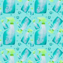 Seamless pattern of blue spray bottle, hand painted watercolor on paper