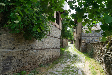 Empty old medieval path on antique residential village in past eastern europe town. Bulgarian small village alley, passage with typical grey house and architecture. Stone street with grass. Balkan