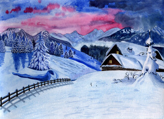 Winter landscape. Original watercolor painting. Snow-capped mountains, houses and fir trees. Christmas card.