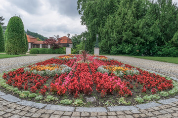 garden in spring. front oval flower bed surrounded by many green trees and bushes. red, pink, cloudy sky