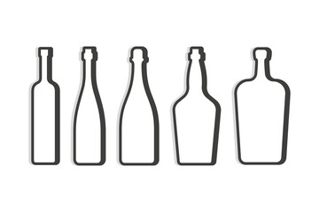 Vodka and red wine champagne whiskey liquor bottle. Linear shape. Simple template. Isolated object. Symbol in thin lines for alcoholic institutions. Dark outline. Flat illustration on white backdrop