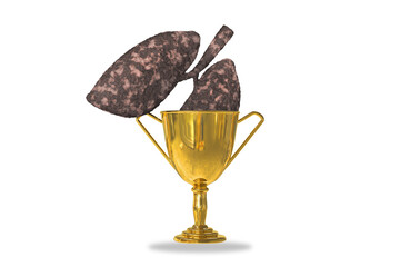 Golden trophy cup isolated on white background with disease lung inside. No smoking day world,31 May or quitting smoking or smoking cessation concept. 3D illustration