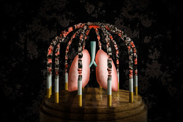 Cigarettes lit in a cage shape hold a prisoner lung on wood round table with a crunched wall background. No smoking day world,31 May or quitting smoking or smoking cessation concept 3D illustration - obrazy, fototapety, plakaty