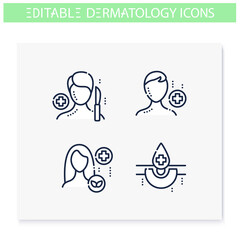 Fototapeta premium Dermatology line icons set. Skincare, cosmetology. Surgery, cosmetics, dermatological infections treatment. Health and beauty concept. Isolated vector illustrations. Editable stroke 