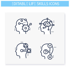 Life skills line icons set. Personality strengths. Critical, lateral, system thinking and more. Soft skills concept. Human resources management. Isolated vector illustrations. Editable stroke 