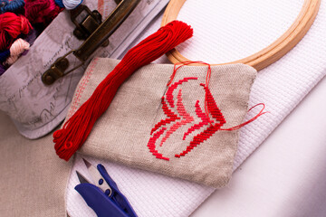 The embroidery bag is next to the thread box.