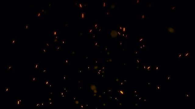 Abstract seamless loop fire ash sparks rising up with transparent alpha channel can be used for overlay your project. 4K 3D chaotic motion of fiery orange glowing flying ember burning ash particles.