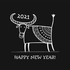 Funny sketch bull. Lunar horoscope sign. Happy new year 2021. Bull, ox, cow. Template for your design - poster, card, invitation