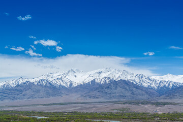 Beautiful landscape with fields of delta of Indus River, Tibetian buildings, Himalayas snow...