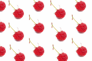 Raspberry berries pattern background on white. Isolate on white.