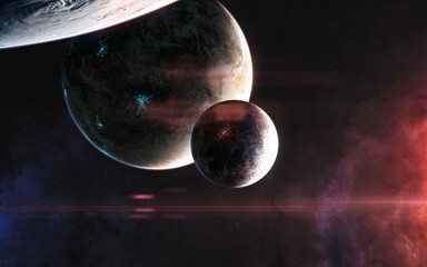 Inhabited planets in deep space in light of red star. Science fiction. Elements of this image...