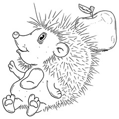 Hedgehog with an apple. Vector cartoon cheerful hedgehog.