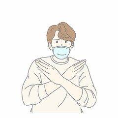 Man wearing mask and gesturing hand in no COVID-19 concept.