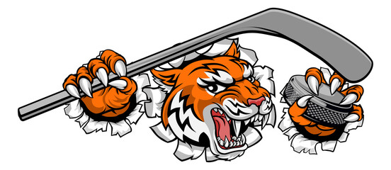 A tiger ice hockey player animal sports mascot holding a hockey stick and puck