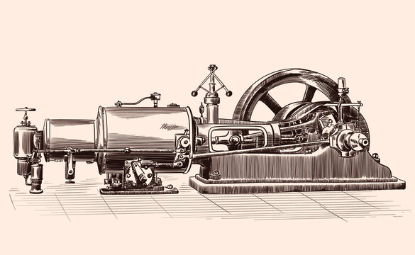 Sketch of an old steam engine with a boiler, a flywheel and a piston mechanism.
