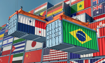 Freight containers with Brazil and Panama national flags. 3D Rendering 