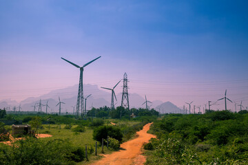 Beautiful view of Windmills or Wind Turbines farm in Nagercoil, South India. With a colorful sky...