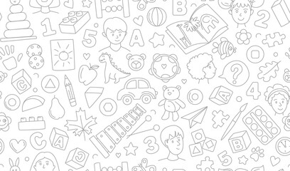 Fototapeta na wymiar Preschool kindergarten Educational toys doodle line vector illustration seamless pattern.