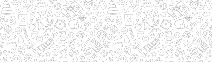 Preschool kindergarten Educational toys doodle line vector illustration seamless pattern. © svsunny