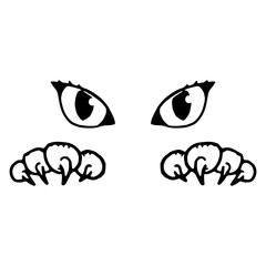 Cat's eyes and paws with claws. Vector silhouette of cat eyes and paws.