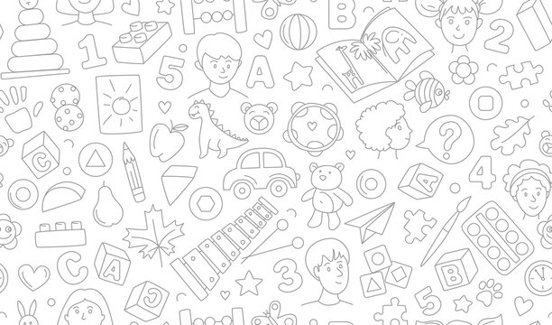 Preschool kindergarten Educational toys doodle line vector illustration seamless pattern.