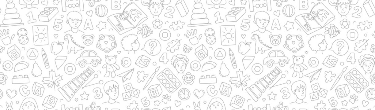 Preschool kindergarten Educational toys doodle line vector illustration seamless pattern. © svsunny
