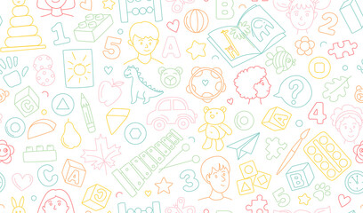 Preschool kindergarten Educational toys doodle line vector illustration seamless pattern.