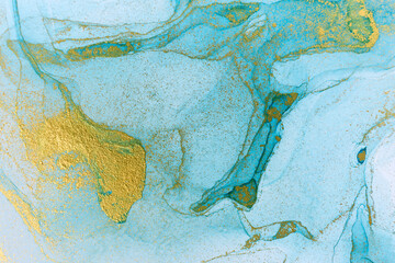 Blue marble imitation. Watercolor gold background. Alcohol ink art illustration.