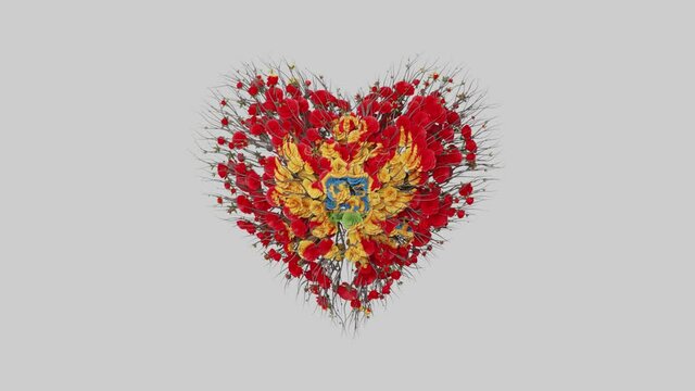 Montenegro National Day. July 13. Statehood Day. Heart animation with alpha matte. Flowers forming heart shape. 3D rendering.