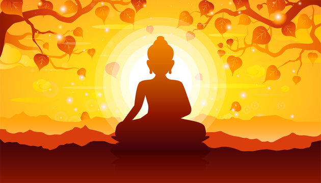 Buddha sitting under bodhi tree on sunset background-Magha Puja, Asanha Puja,Visakha Puja Day, Buddhist holiday concept.Vector Illustration