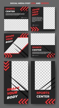 Set of Editable square banners. Gym and workout social media post. Black background and red arrow shape. Suitable for social media feed, story, and banners. Flat design vector with a photo collage.