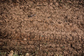 Tyre track on dirt sand or mud, Picture in retro or grunge tone. Car drive on sand. off road track. Track on grass field. Track in farm.