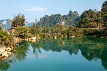 Fototapeta na wymiar Mountains, hills and lake near Ban Gioc Waterfalls in Cao Bang Province in northern Vietnam