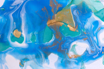 White, blue and gold marbling pattern. Golden marble liquid texture.