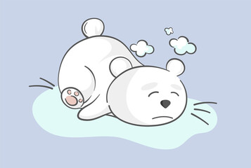 Cute white bear asleep in the snow. Tired baby fell on the ice. Element for the design of children's cards and fabrics. Illustration for banners about procrastination, laziness. Adorable  animal.