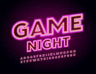 Vector neon poster Game Night. Bright electric Font. Glowing light Alphabet Letters and Numbers set