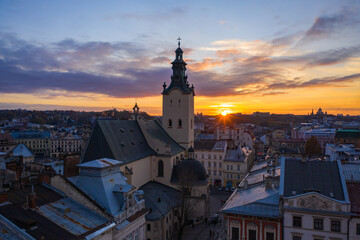 View on Latin Cathedral in Lviv, Ukraine  from drone