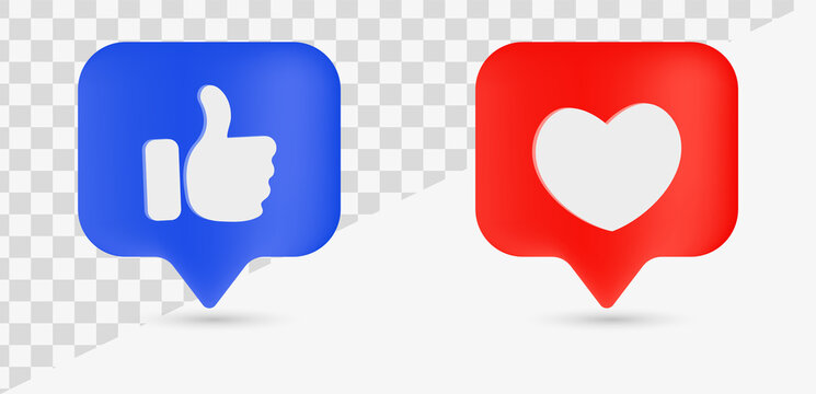 like love speech bubble social media notification in modern 3d, thumb up and heart icon in bubbles
